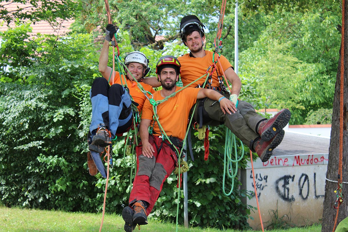 Drei lächelnde Baumkletterer in orangefarbenen Shirts sitzen in ihren Klettergurten am Seil