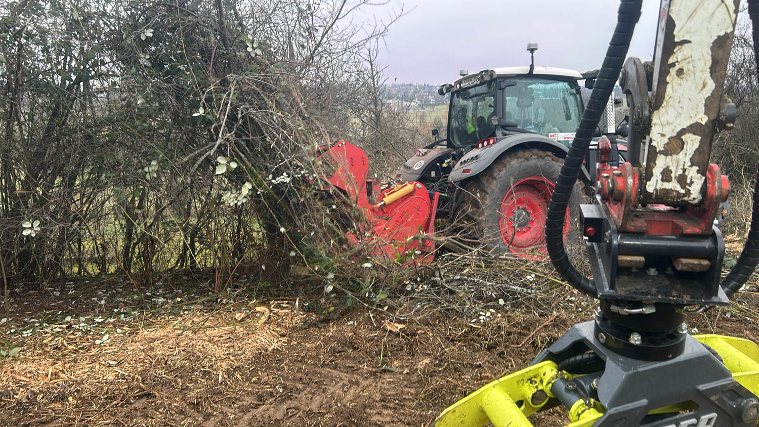 Traktor mit Forstfräse zerkleinert Gehölz und Wurzeln, im Vordergrund ein Bagger