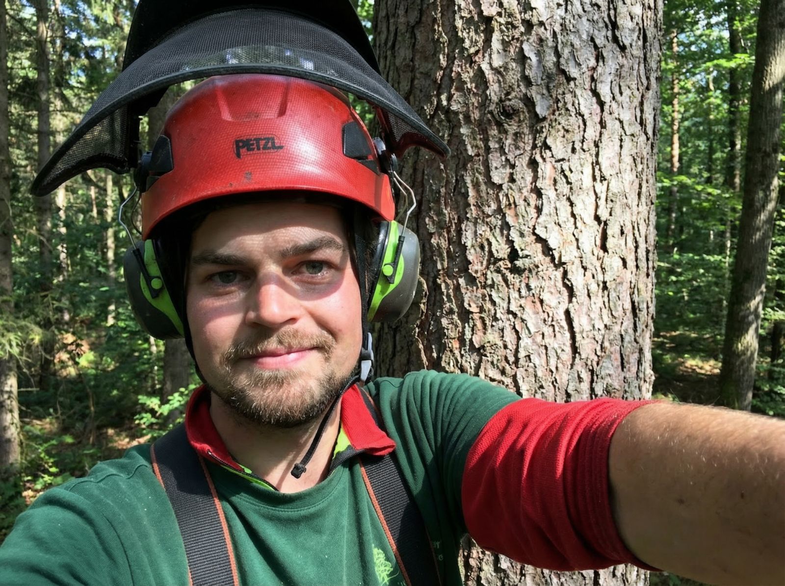 Baumkletterer mit rotem Helm und Visier macht ein Selfie im Wald vor einem Baumstamm